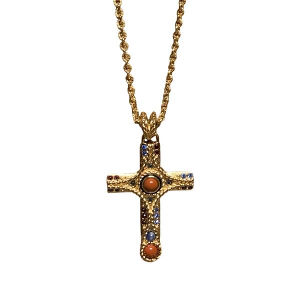 Camrose & Kross JBK Cross Necklace Gold w/ Blue & Red Stones/Crystals 20 Inches - Picture 4 of 12